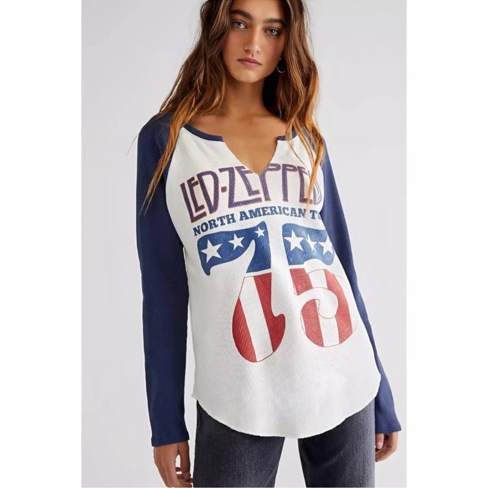 Free People Graphic Raglan Tee White and Blue